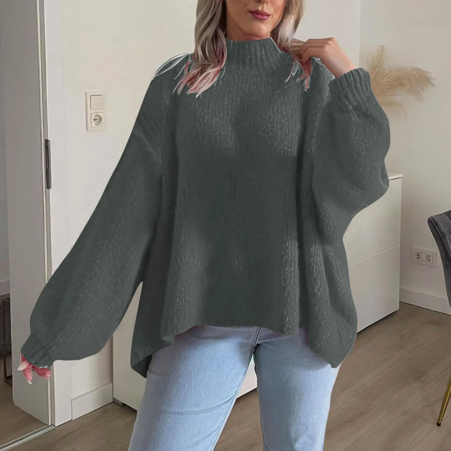 Women's Fall Oversized Turtleneck Sweaters Long Sleeve Drop Shoulder Loose Fuzzy Knit Slouchy Pullover Sweater Tops