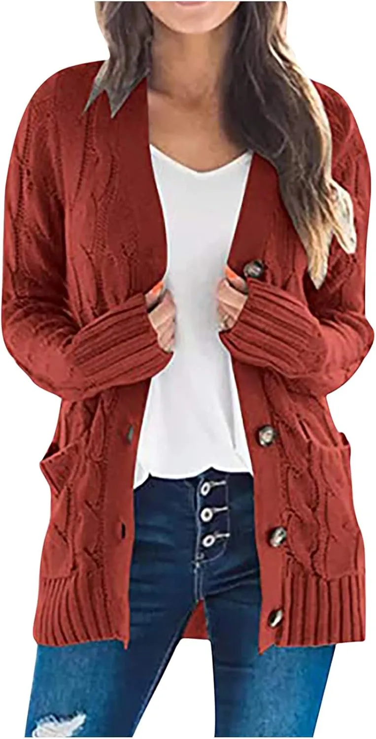 Womens Fall Sweater Open Front Cardigan Sweaters Button Long Sleeve Coats Outerwear Fashion Cable Knit Chunky Outwear