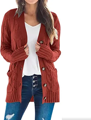 Womens Fall Sweater Open Front Cardigan Sweaters Button Long Sleeve Coats Outerwear Fashion Cable Knit Chunky Outwear