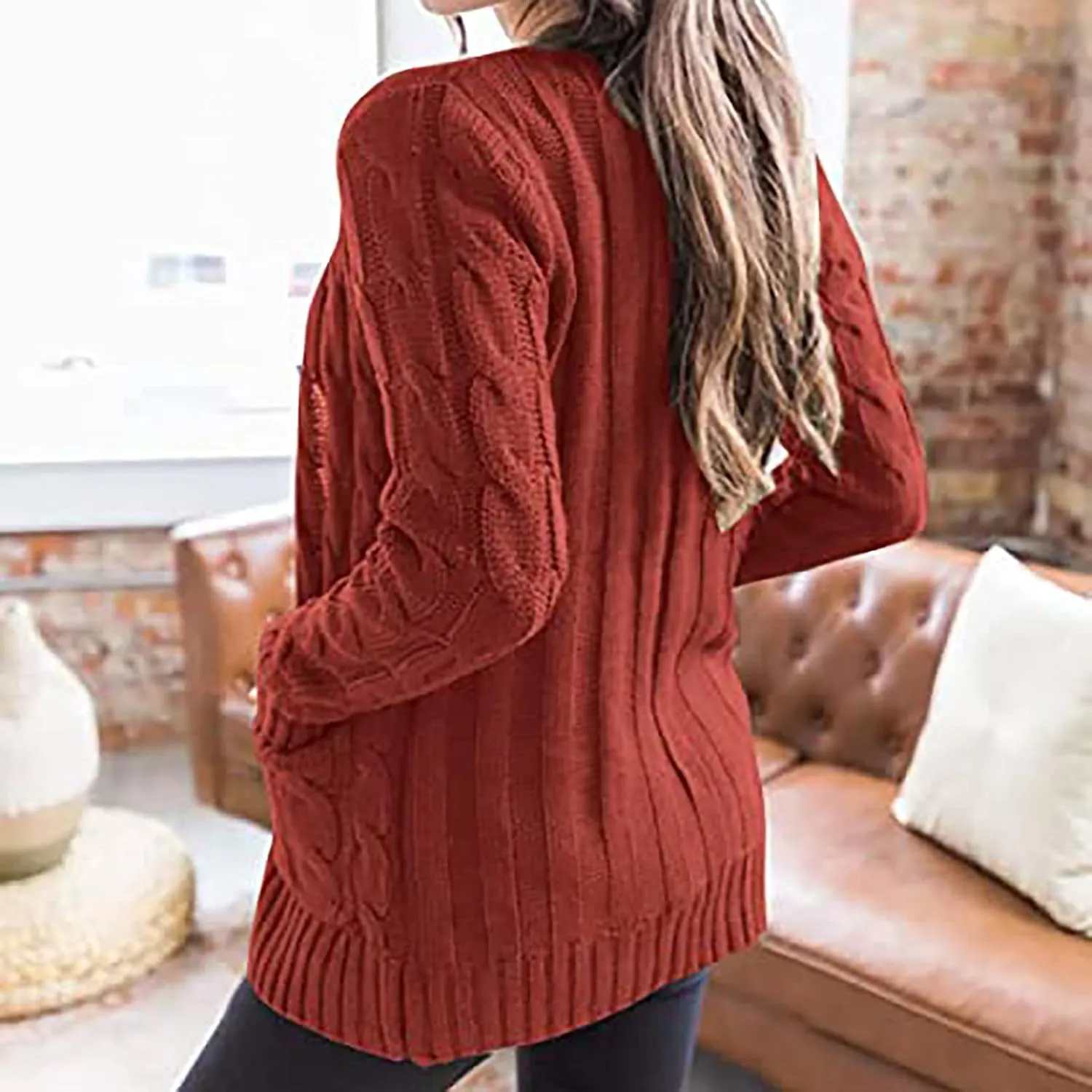 Womens Fall Sweater Open Front Cardigan Sweaters Button Long Sleeve Coats Outerwear Fashion Cable Knit Chunky Outwear