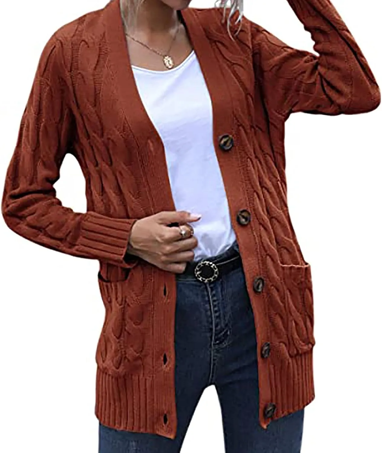 Womens Fall Sweater Open Front Cardigan Sweaters Button Long Sleeve Coats Outerwear Fashion Cable Knit Chunky Outwear
