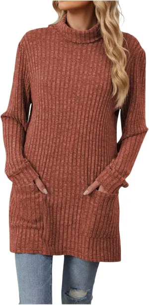 Womens Fall Turtleneck Sweater Tops Loose Fit Ribbed Knit Shirts Casual Lightweight Soft Pullover with Pockets