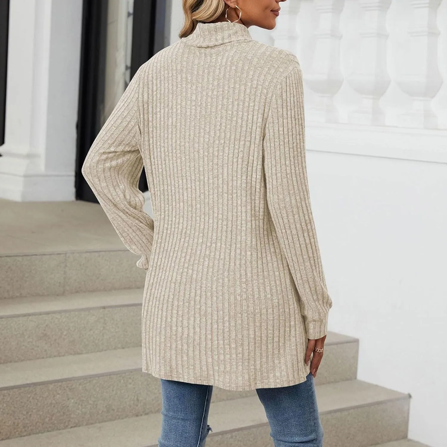 Womens Fall Turtleneck Sweater Tops Loose Fit Ribbed Knit Shirts Casual Lightweight Soft Pullover with Pockets