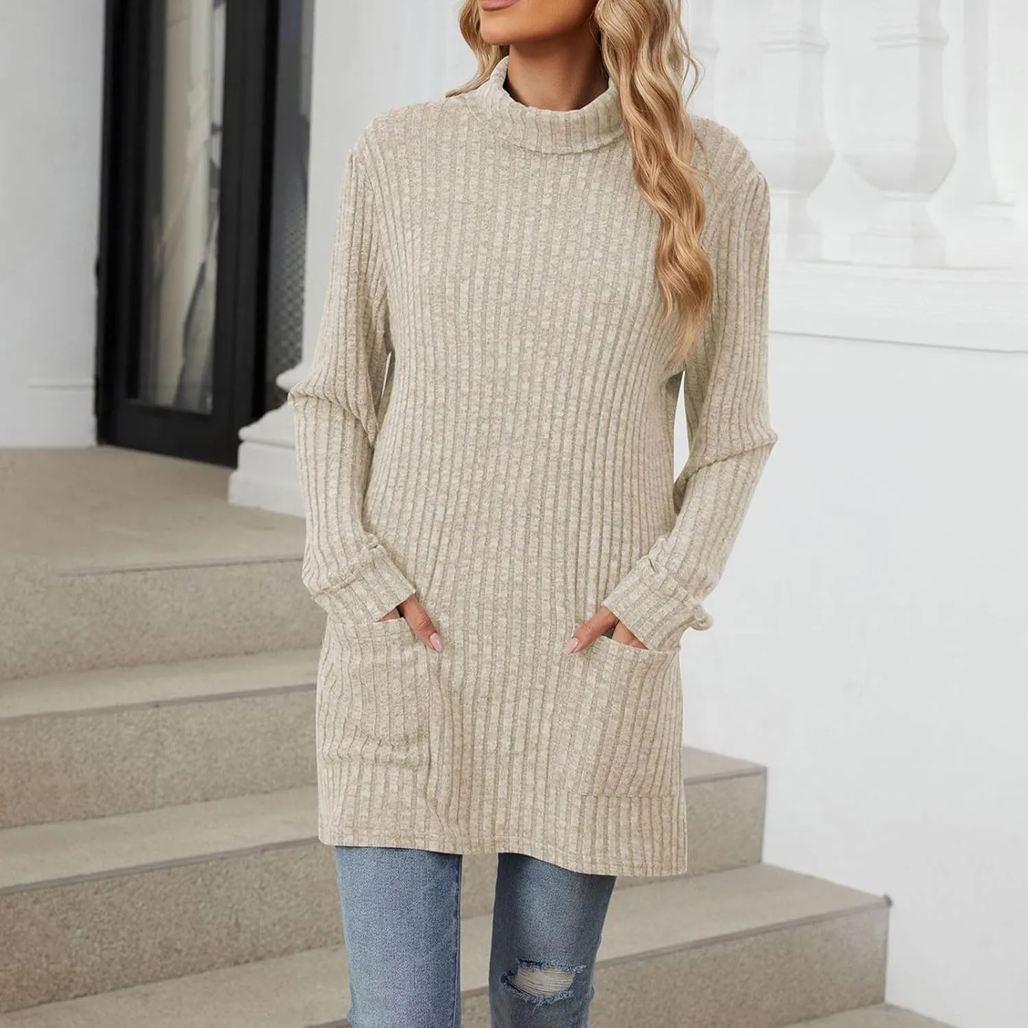 Womens Fall Turtleneck Sweater Tops Loose Fit Ribbed Knit Shirts Casual Lightweight Soft Pullover with Pockets