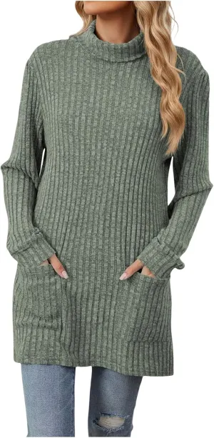 Womens Fall Turtleneck Sweater Tops Loose Fit Ribbed Knit Shirts Casual Lightweight Soft Pullover with Pockets