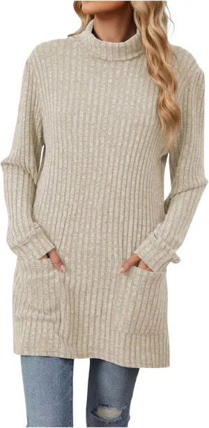 Womens Fall Turtleneck Sweater Tops Loose Fit Ribbed Knit Shirts Casual Lightweight Soft Pullover with Pockets