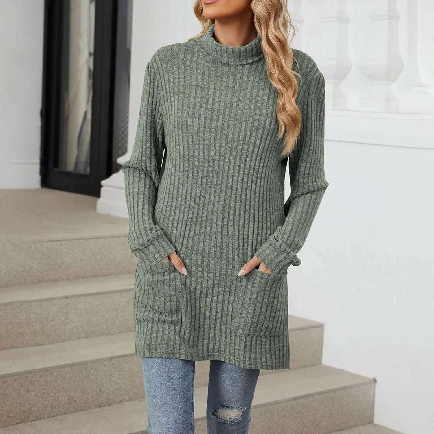 Womens Fall Turtleneck Sweater Tops Loose Fit Ribbed Knit Shirts Casual Lightweight Soft Pullover with Pockets