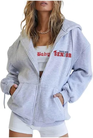 Women's Fashion Hoodies Back Letter Print Long Sleeve Full Zip Up Drawstring Hooded Sweatshirts Loose Preppy Jackets