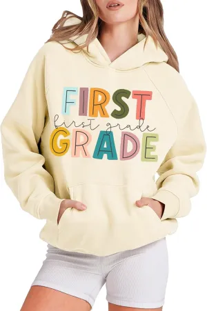 Womens Fashion Teacher Hoodie Loose Hooded Back to School Funny Letter Print Pullover Sweatshirts Fall Casual Hoodies