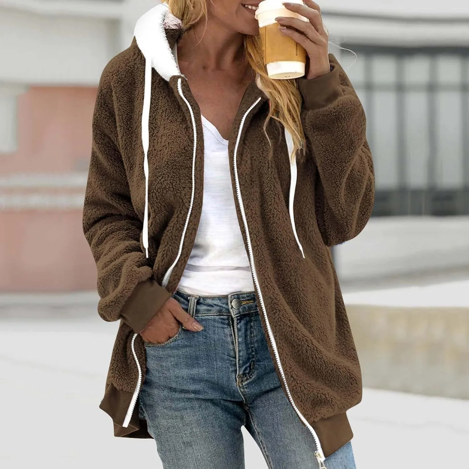 Womens Fleece Jacket Winter Loose Warm Open Front Full Zip Up Drawstring Hooded Sweater Coat Daily Casual Hoodies Coat