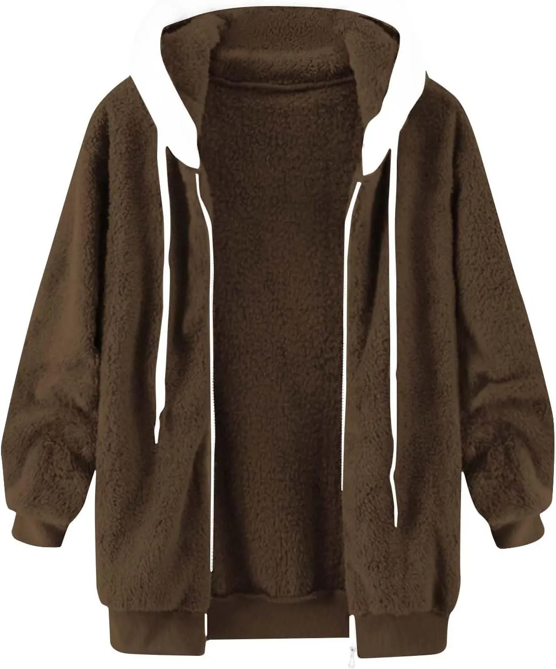 Womens Fleece Jacket Winter Loose Warm Open Front Full Zip Up Drawstring Hooded Sweater Coat Daily Casual Hoodies Coat