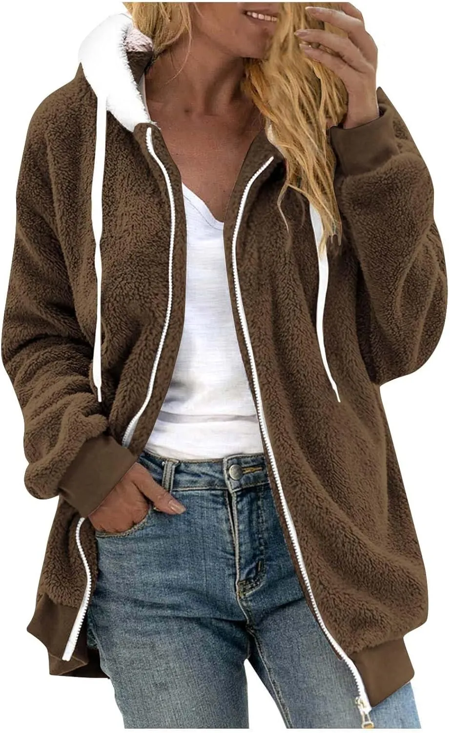 Womens Fleece Jacket Winter Loose Warm Open Front Full Zip Up Drawstring Hooded Sweater Coat Daily Casual Hoodies Coat