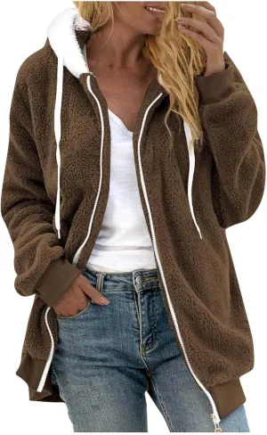 Womens Fleece Jacket Winter Loose Warm Open Front Full Zip Up Drawstring Hooded Sweater Coat Daily Casual Hoodies Coat