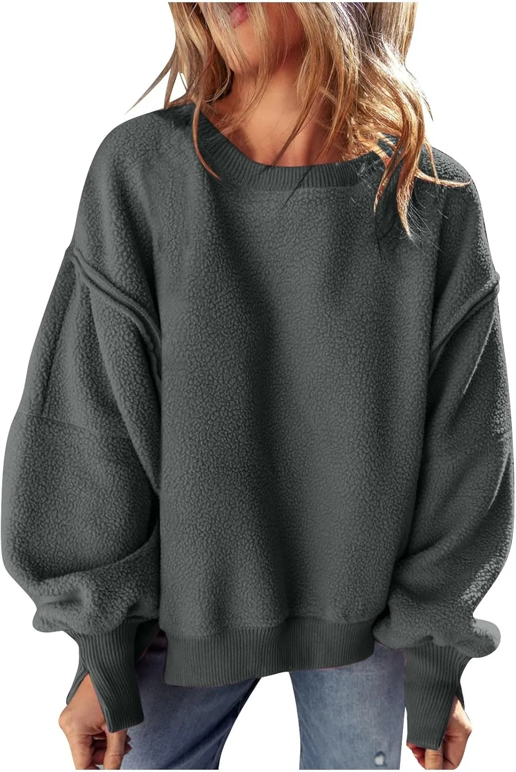 Women's Fleece Sweatshirt Winter Casual Fuzzy Warm Sweatshirt Long Sleeve Patchwork Sherpa Pullover Tops