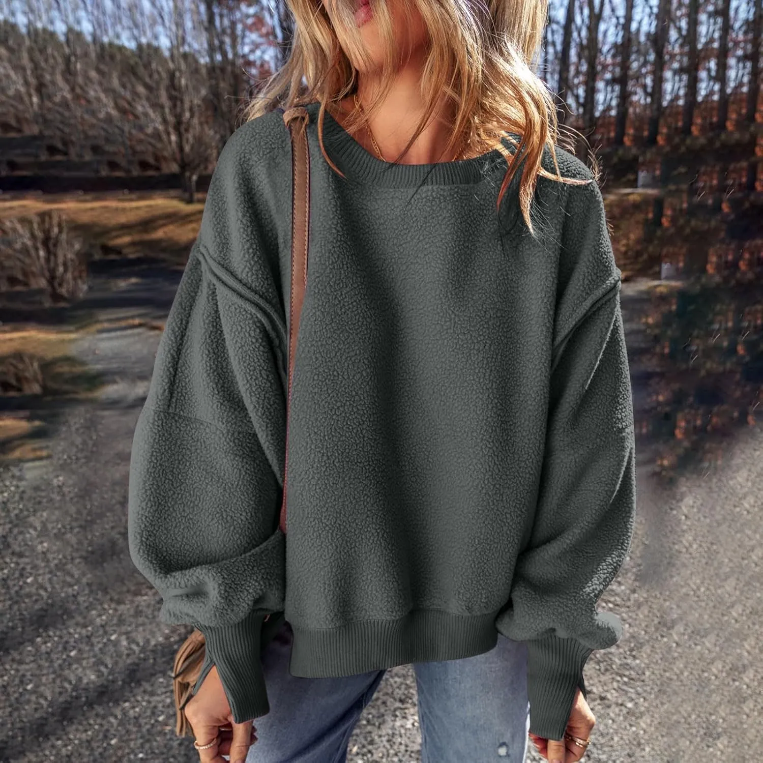Women's Fleece Sweatshirt Winter Casual Fuzzy Warm Sweatshirt Long Sleeve Patchwork Sherpa Pullover Tops
