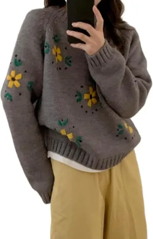 Womens Floral Embroidered Chunky Sweater Y2k Long Sleeve Crewneck Cute Knit Sweater Pullover Preppy Clothes