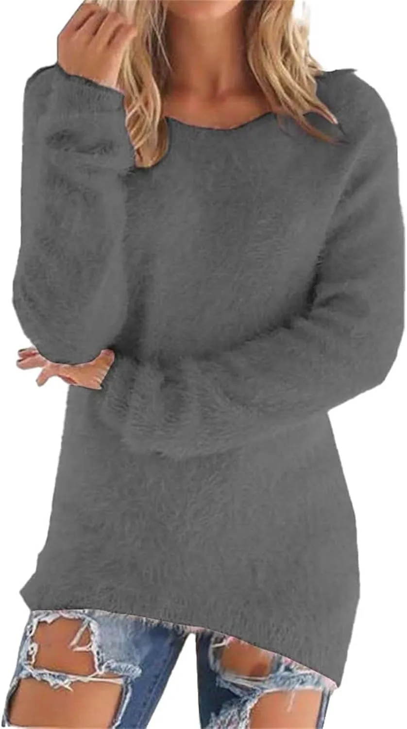 Women's Fuzzy Sweater Fashionable Long Sleeve Pullover Loose Fluffy Plush Jumper Sweater Crewneck Soft Comfy Tops