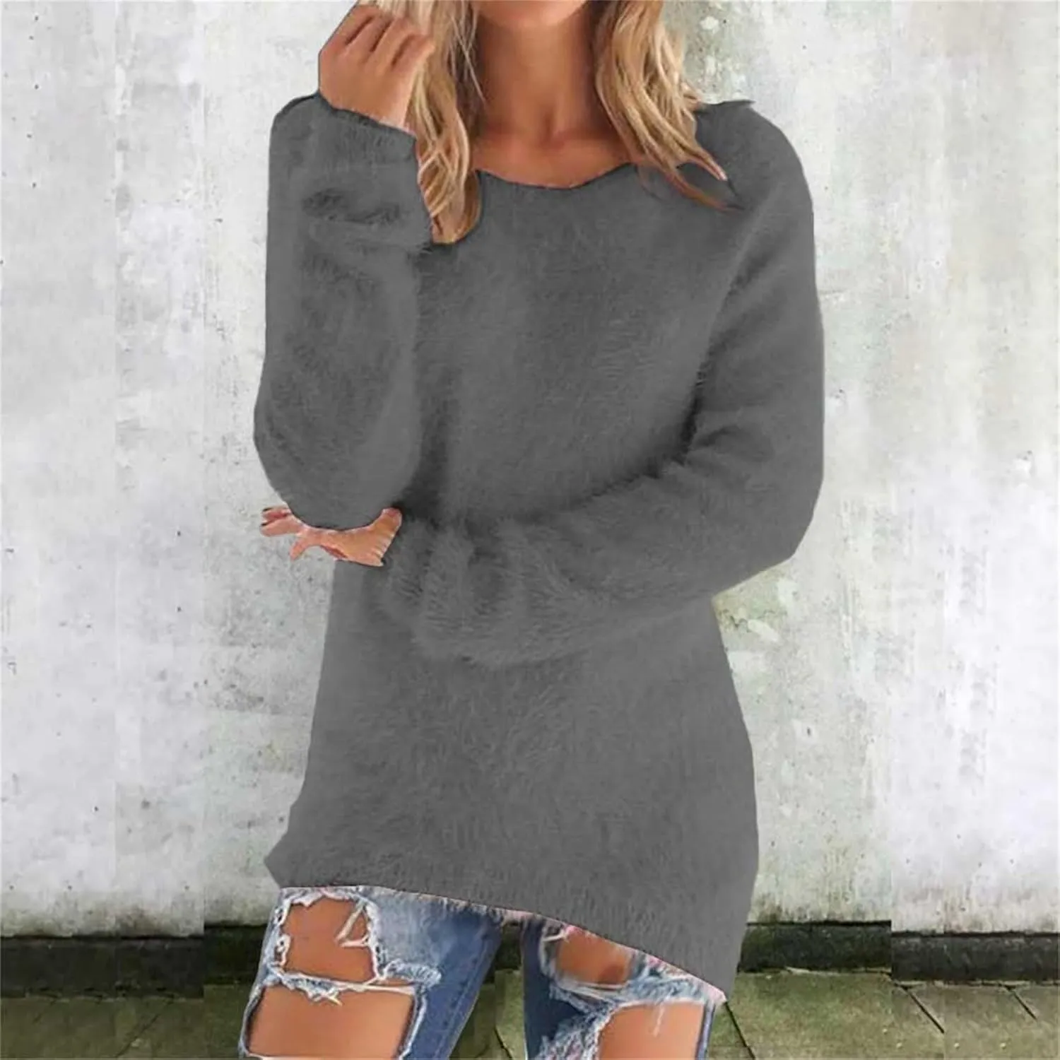 Women's Fuzzy Sweater Fashionable Long Sleeve Pullover Loose Fluffy Plush Jumper Sweater Crewneck Soft Comfy Tops