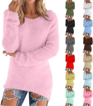 Women's Fuzzy Sweater Fashionable Long Sleeve Pullover Loose Fluffy Plush Jumper Sweater Crewneck Soft Comfy Tops