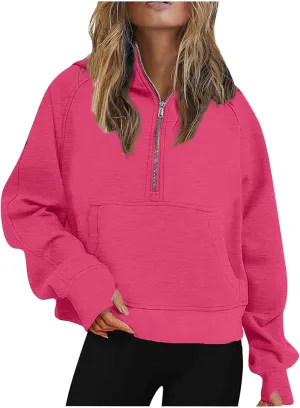 Women's Half Zip Cropped Sweatshirts Fleece Casual Loose Hoodie Quarter Zip Trendy Y2k Pullover Sweater With Pocket