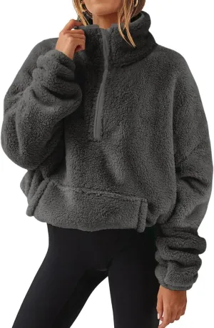 Womens Half Zip Pullover Cropped Sherpa Fuzzy Fleece Sweatshirt Stand Collar Loose Fall Outfits Warm Winter Clothes