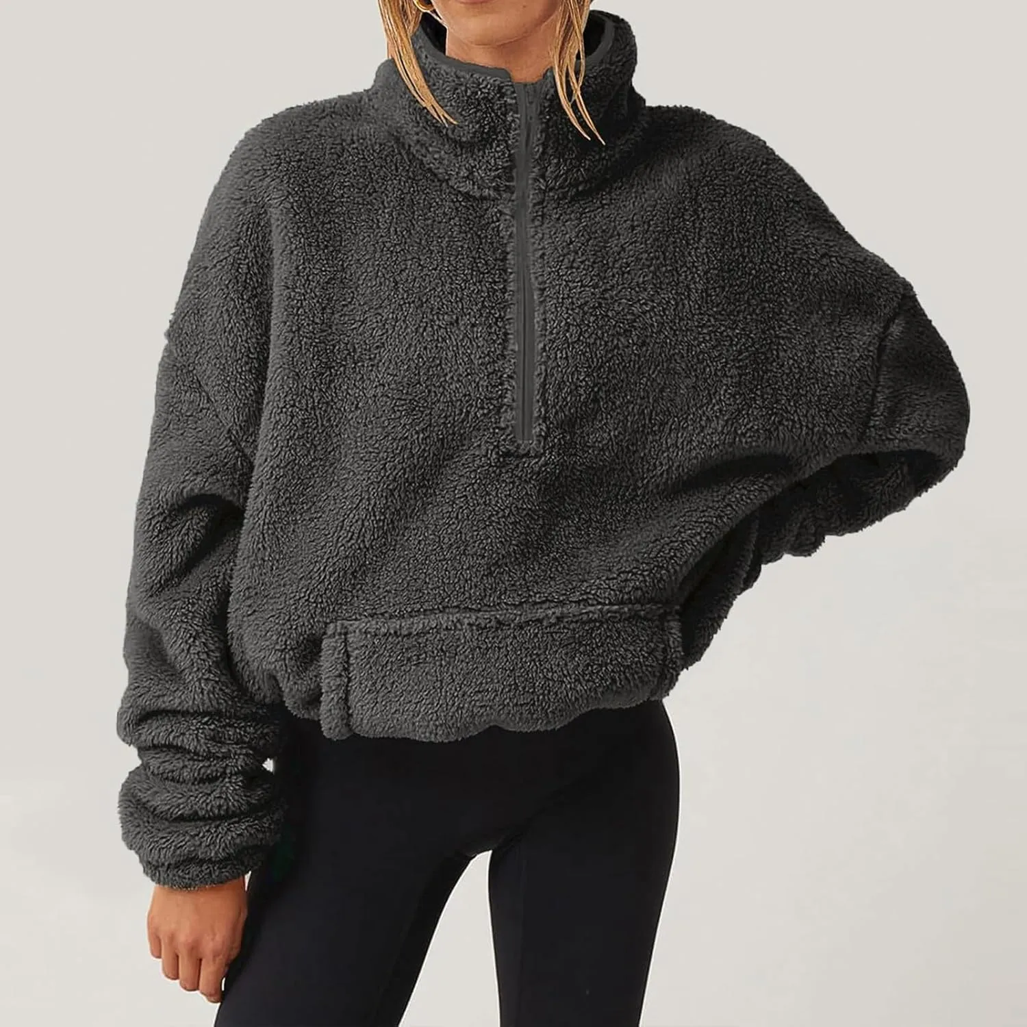Womens Half Zip Pullover Cropped Sherpa Fuzzy Fleece Sweatshirt Stand Collar Loose Fall Outfits Warm Winter Clothes