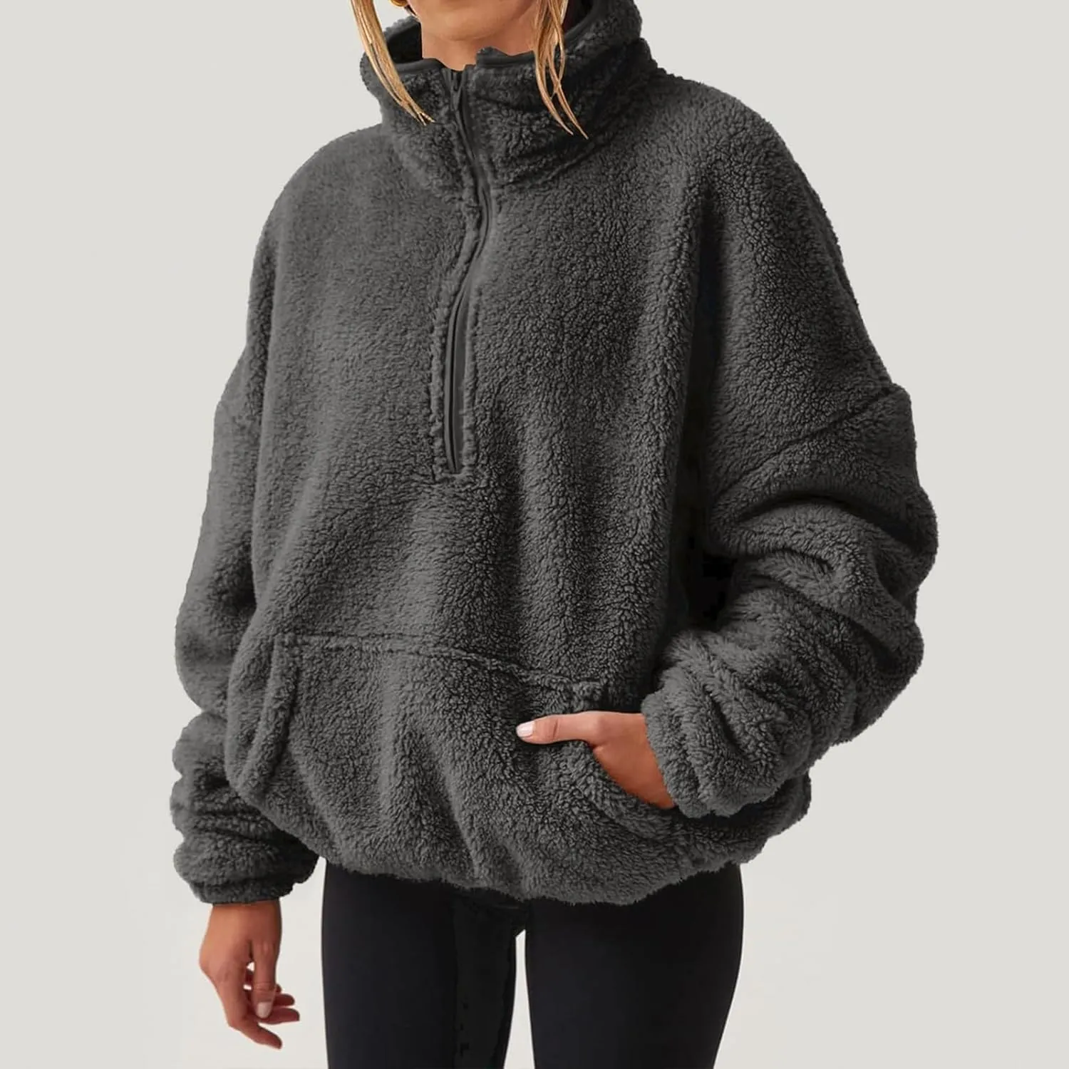 Womens Half Zip Pullover Cropped Sherpa Fuzzy Fleece Sweatshirt Stand Collar Loose Fall Outfits Warm Winter Clothes