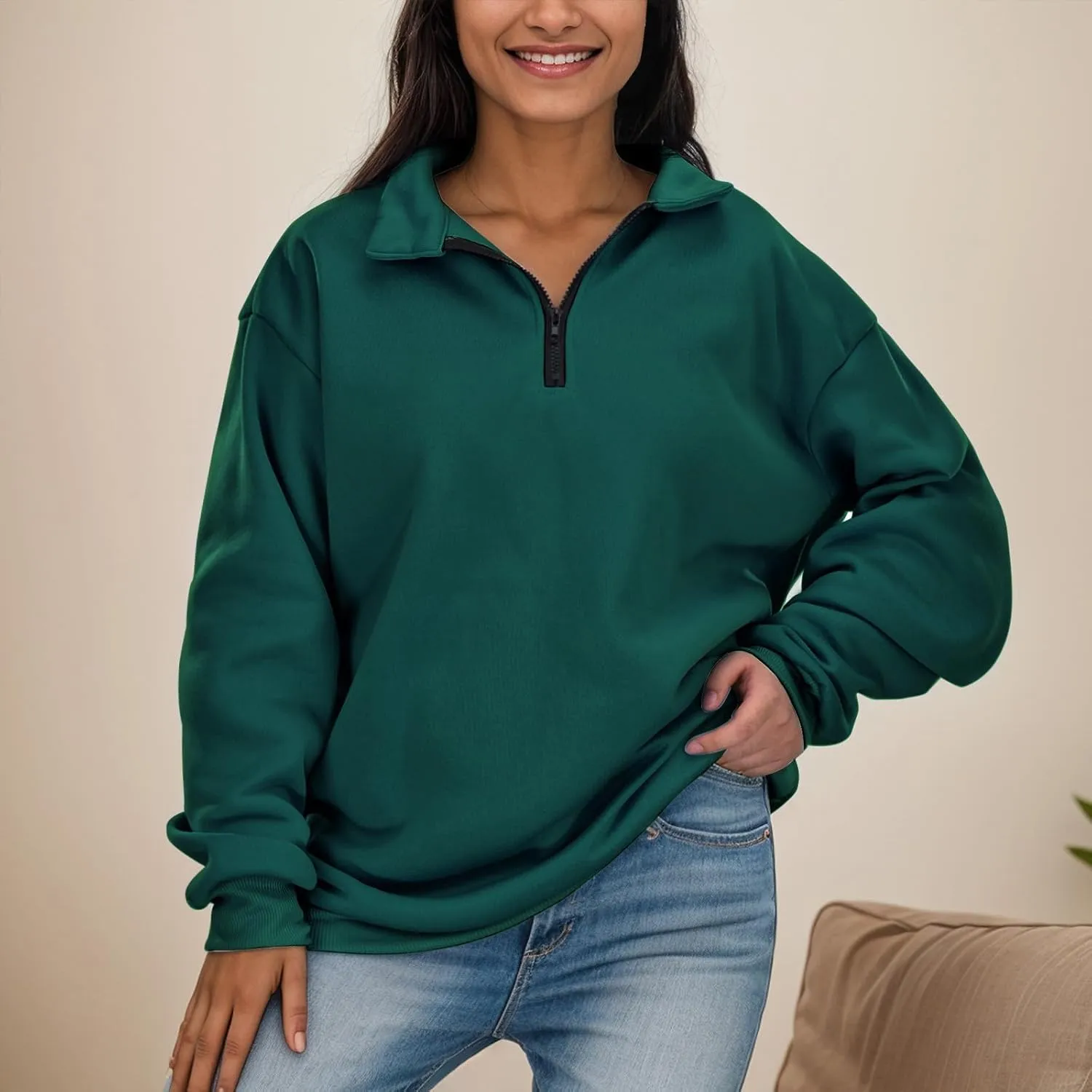 Womens Half Zip Sweatshirts Oversized Plain Trendy Long Sleeve Quarter Zip Pullover Hoodies 2024 Fall Outfits