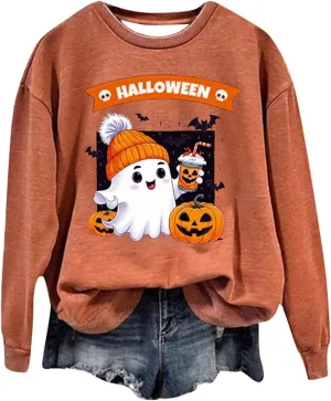 Womens Halloween Sweatshirts Funny Pumpkin Ghost Graphic Sweatshirt Spooky Season Party Sweater Fall Pullover Top