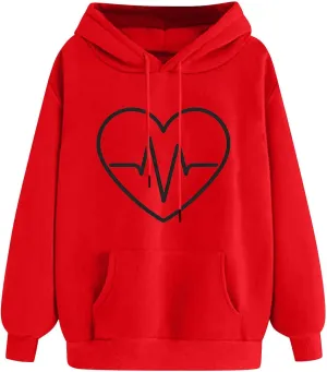 Women's Heartbeat Hoodie Oversized Pullover Drawstring Cozy Fleece Sweatshirt Casual Winter Pocket Soft Relaxed Top