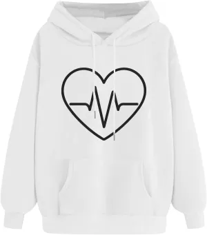 Women's Heartbeat Hoodie Oversized Pullover Drawstring Cozy Fleece Sweatshirt Casual Winter Pocket Soft Relaxed Top