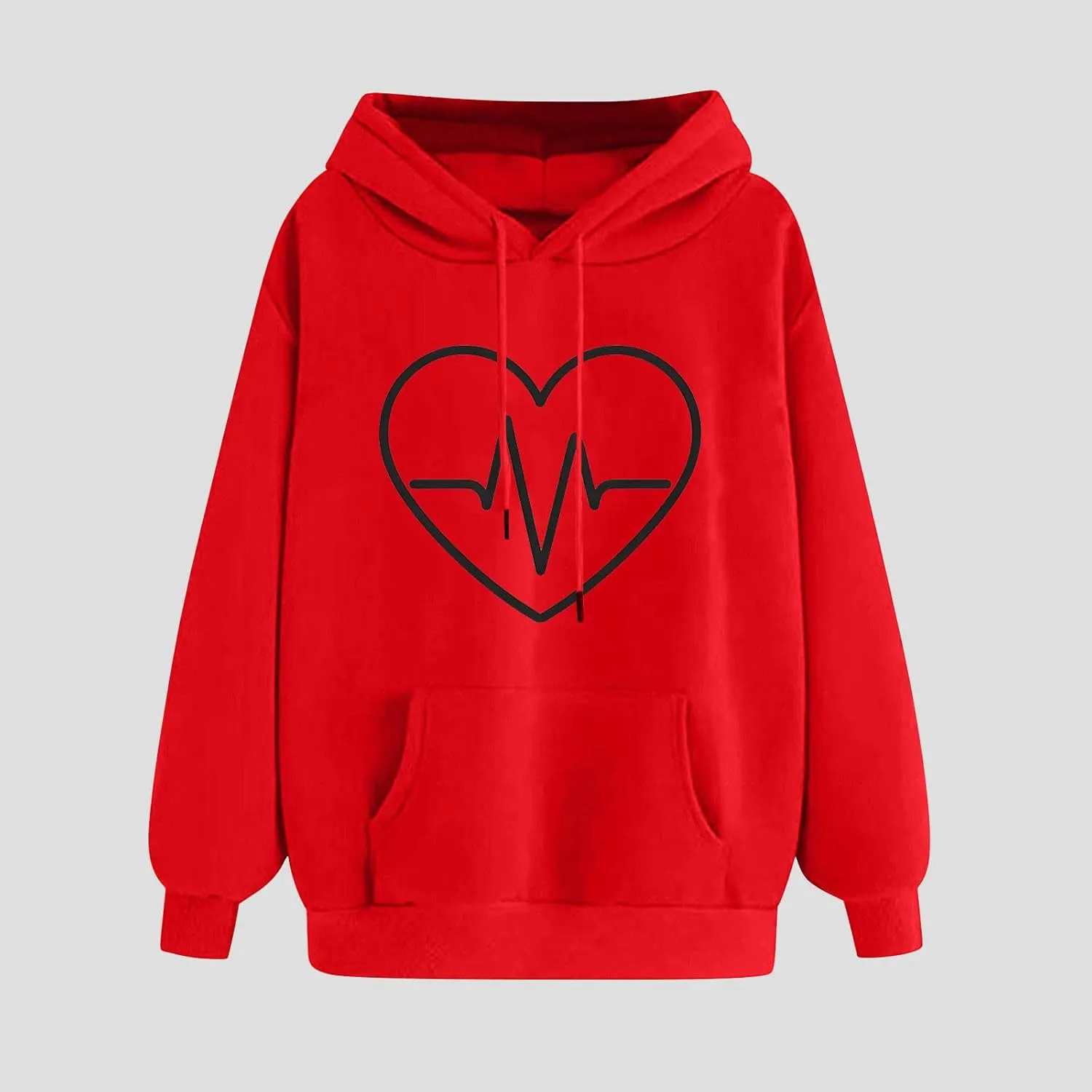 Women's Heartbeat Hoodie Oversized Pullover Drawstring Cozy Fleece Sweatshirt Casual Winter Pocket Soft Relaxed Top