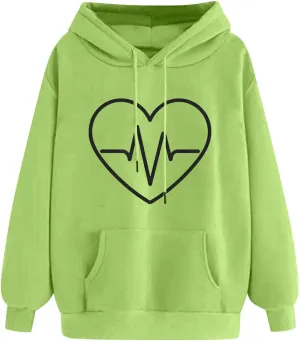 Women's Heartbeat Hoodie Oversized Pullover Drawstring Cozy Fleece Sweatshirt Casual Winter Pocket Soft Relaxed Top