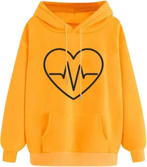 Women's Heartbeat Hoodie Oversized Pullover Drawstring Cozy Fleece Sweatshirt Casual Winter Pocket Soft Relaxed Top