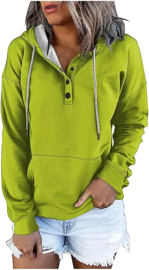 Womens Hooded Sweatshirts Pullover Comfy Long Sleeve Pullover Tops Button Up Loose Fit Blouses Shirts with Pockets