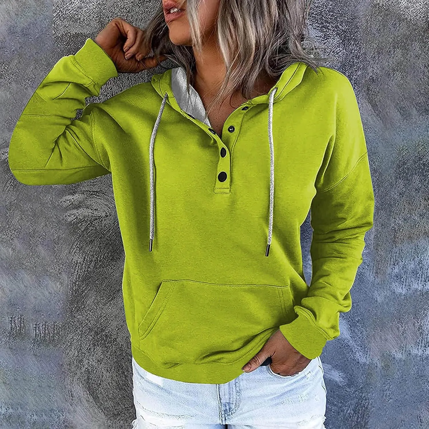Womens Hooded Sweatshirts Pullover Comfy Long Sleeve Pullover Tops Button Up Loose Fit Blouses Shirts with Pockets