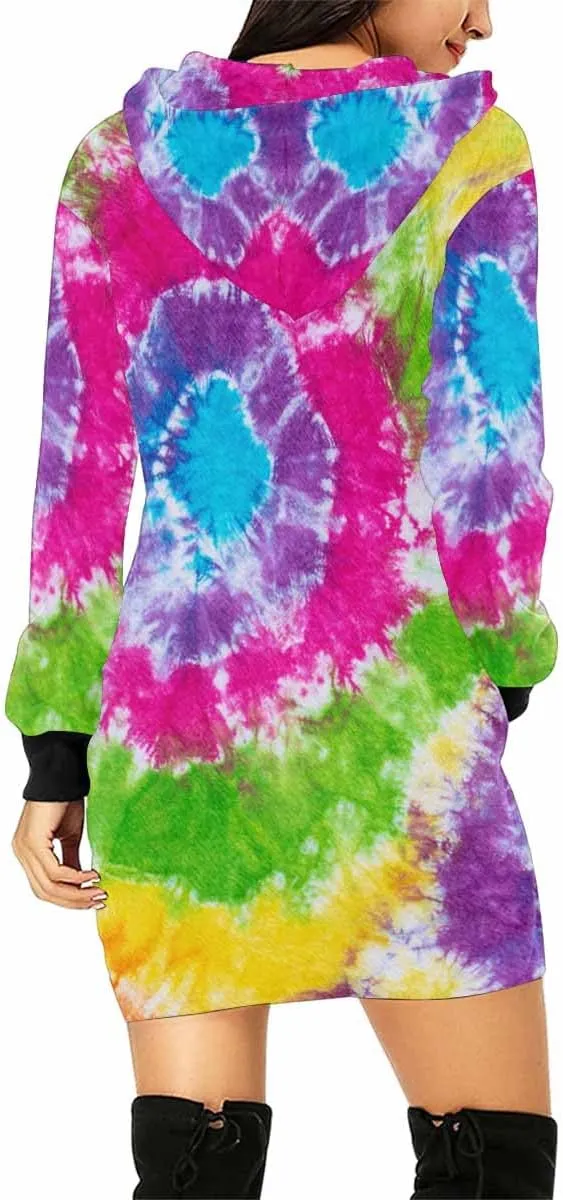 Womens Hoodies Bright Summer Zig Zag Tie Dye Bleed Womens Sweatshirt Dress Long Sleeve Hoodies Mini Dresses Casual Hoodie