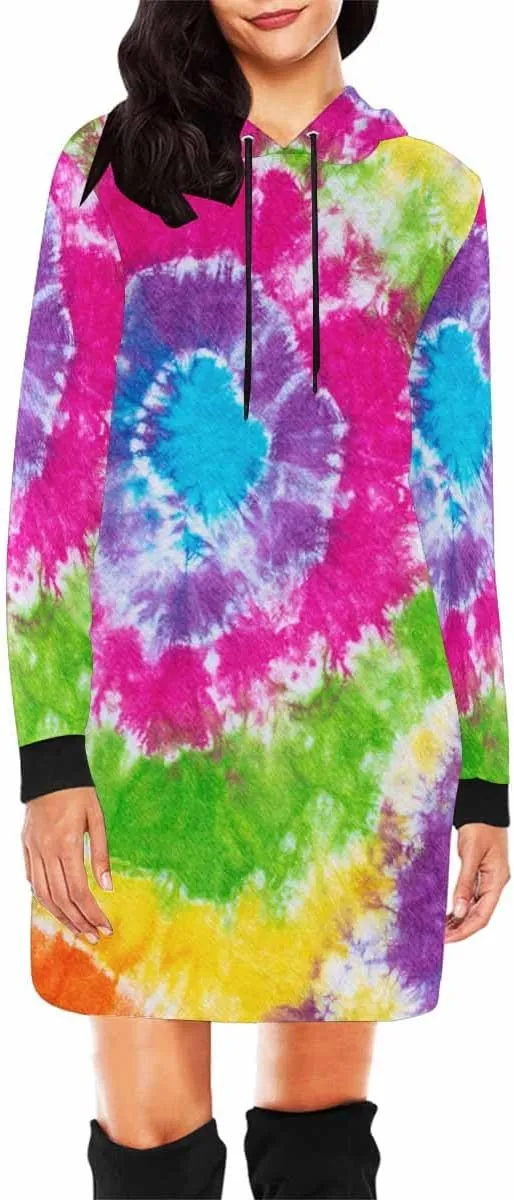 Womens Hoodies Bright Summer Zig Zag Tie Dye Bleed Womens Sweatshirt Dress Long Sleeve Hoodies Mini Dresses Casual Hoodie
