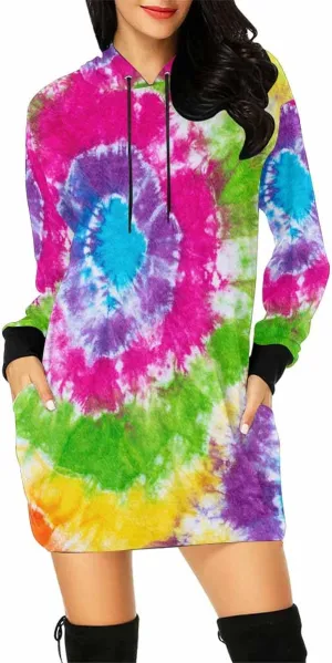 Womens Hoodies Bright Summer Zig Zag Tie Dye Bleed Womens Sweatshirt Dress Long Sleeve Hoodies Mini Dresses Casual Hoodie