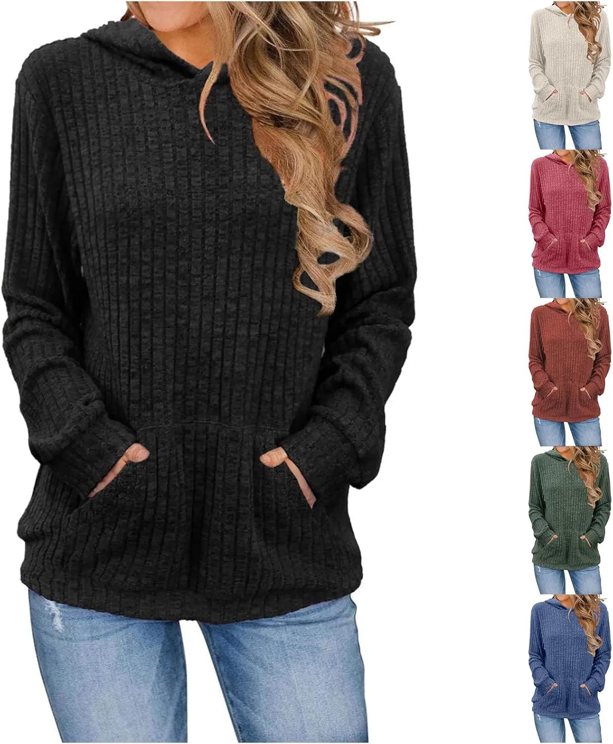 Womens Hoodies Long Sleeve Textured Knit Tops Lightweight Loose Fit Sweatshirt Casual Shirts with Kangaroo Pocket