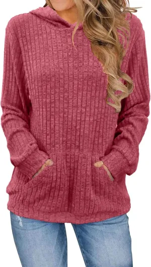 Womens Hoodies Long Sleeve Textured Knit Tops Lightweight Loose Fit Sweatshirt Casual Shirts with Kangaroo Pocket