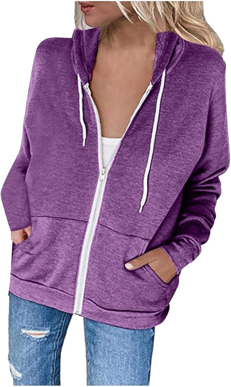 Womens Hoodies Zip Up Long Sleeve Fall Oversized Sweatshirts Fleece Soft Jacket With Pockets 2024 Fashion Clothes