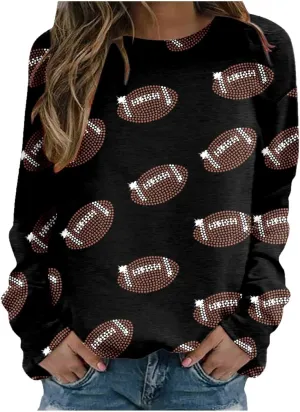 Womens Hoodless Sweatshirts Game Day Sparkle Football Sequin Rugby Print Long Sleeve Pullovers Crewneck Loose Shirt