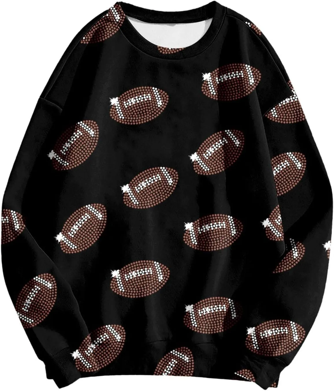 Womens Hoodless Sweatshirts Game Day Sparkle Football Sequin Rugby Print Long Sleeve Pullovers Crewneck Loose Shirt