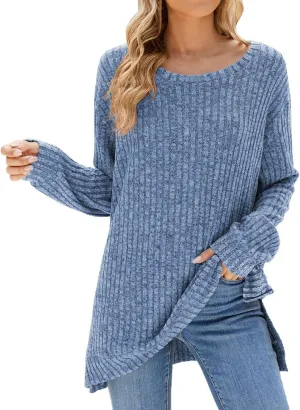 Womens Kint Sweaters Solid Color Round Neck Loose Side Split Long Sleeve Fall Pullover Sweaters Casual Slouchy Tops