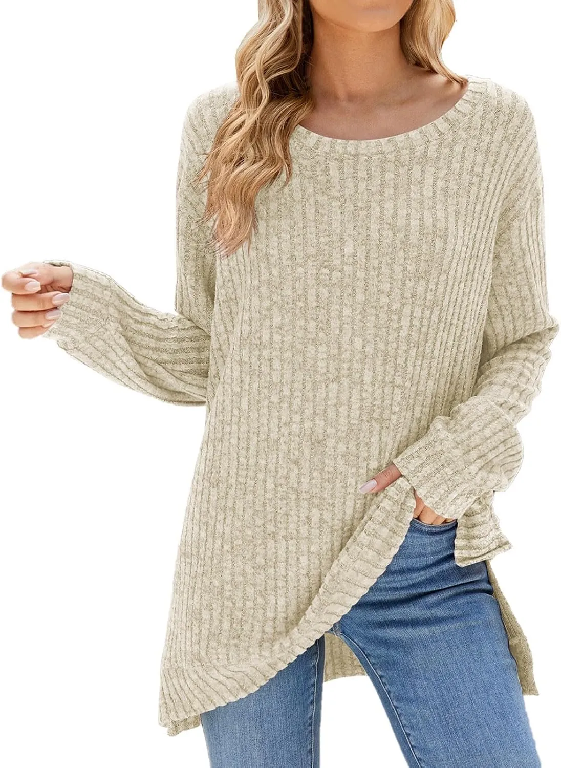 Womens Kint Sweaters Solid Color Round Neck Loose Side Split Long Sleeve Fall Pullover Sweaters Casual Slouchy Tops