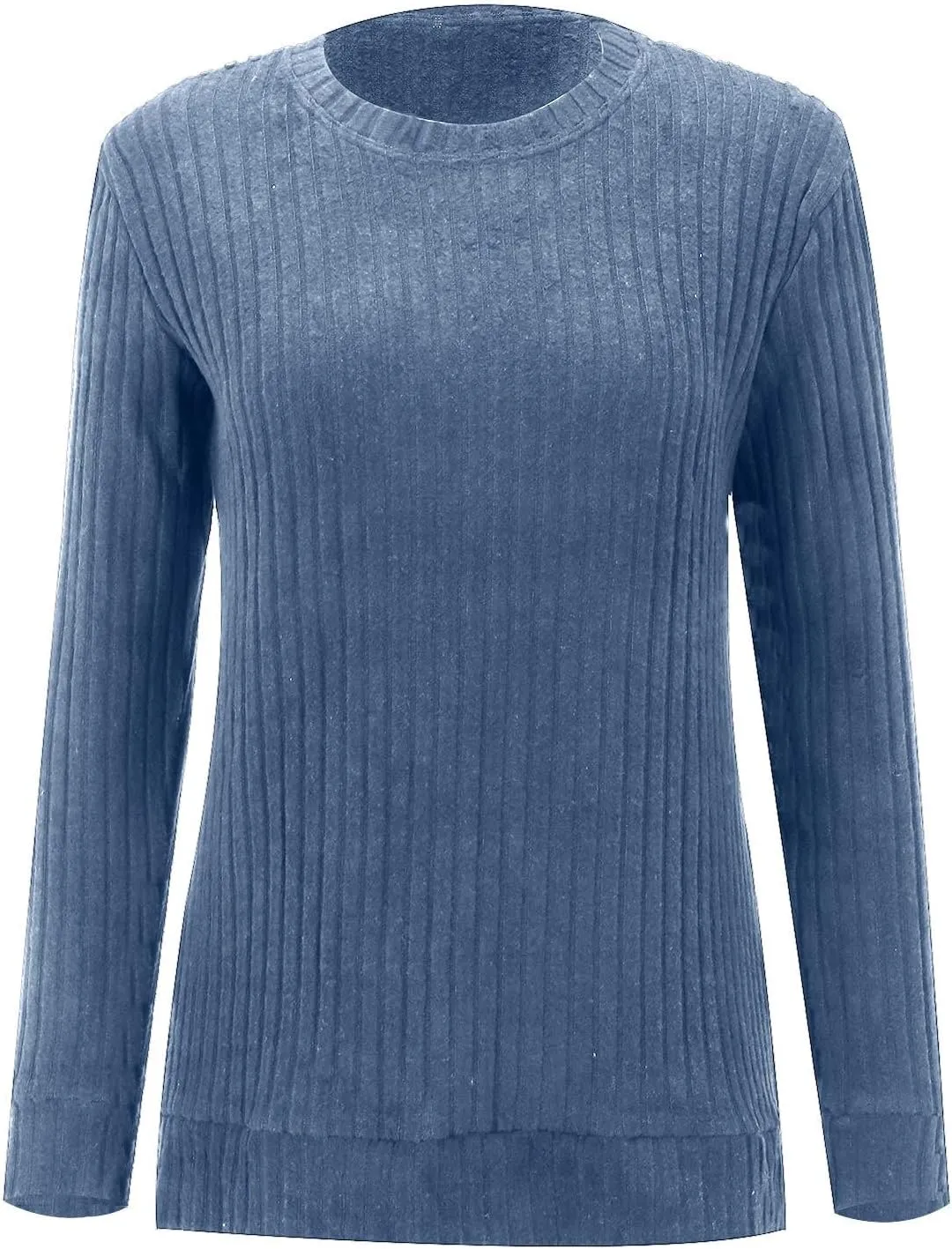 Womens Kint Sweaters Solid Color Round Neck Loose Side Split Long Sleeve Fall Pullover Sweaters Casual Slouchy Tops