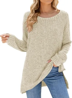 Womens Kint Sweaters Solid Color Round Neck Loose Side Split Long Sleeve Fall Pullover Sweaters Casual Slouchy Tops