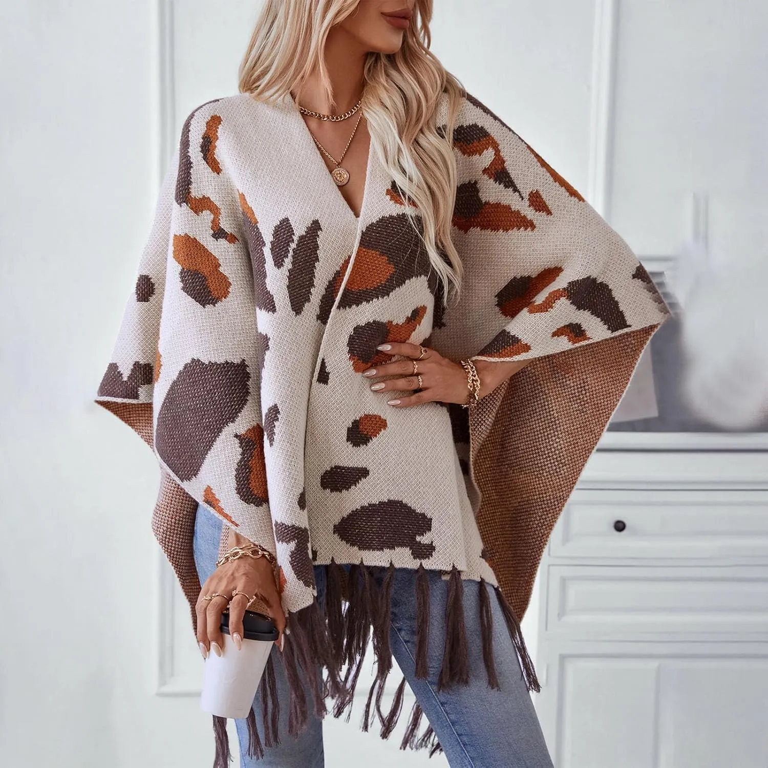 Women's Knit Shawl Wraps, Color Block Knitted Poncho Cape Open Front Cardigan Sweater with Tassel for Fall Winter