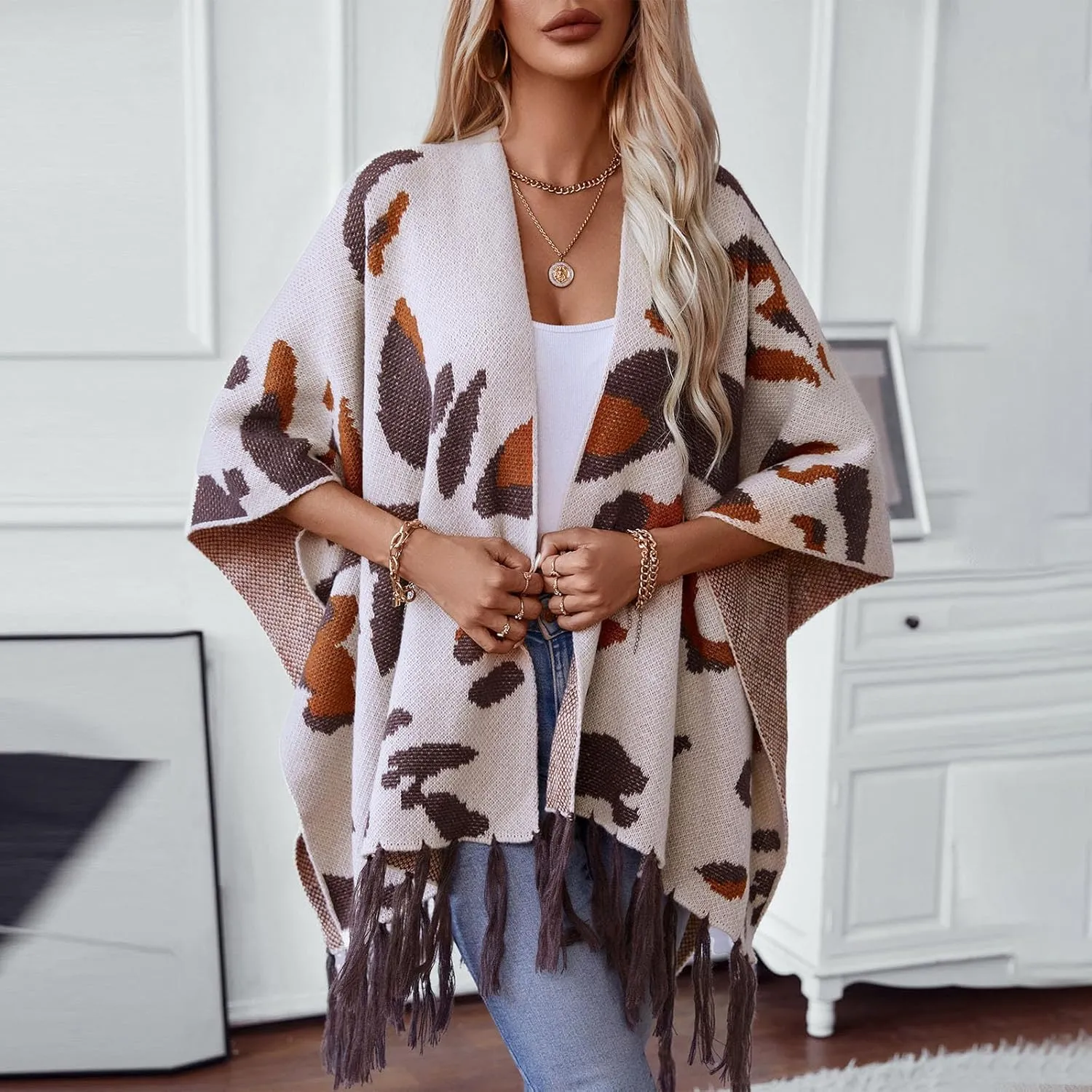 Women's Knit Shawl Wraps, Color Block Knitted Poncho Cape Open Front Cardigan Sweater with Tassel for Fall Winter